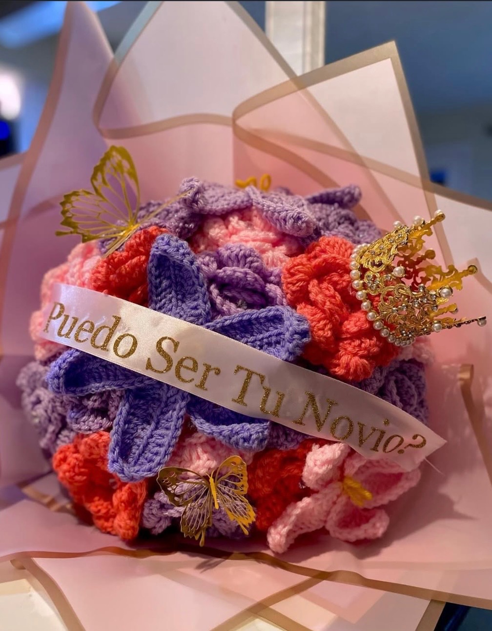 Pink and purple crochet proposal bouquet with ribbon and crown