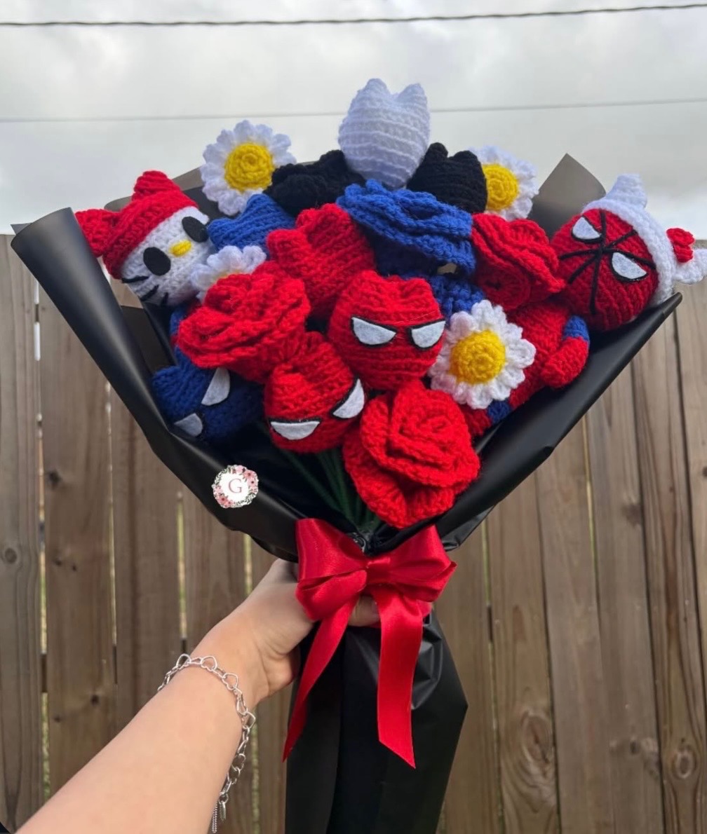 Spider-Man crochet flower bouquet with red and blue roses