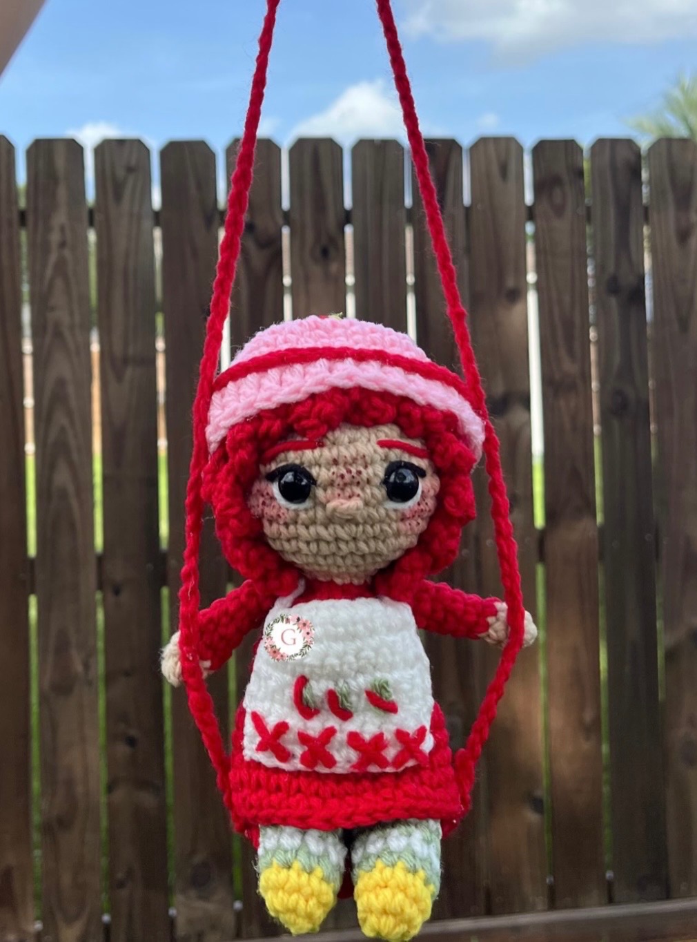 Red and pink custom crochet doll car mirror hanger