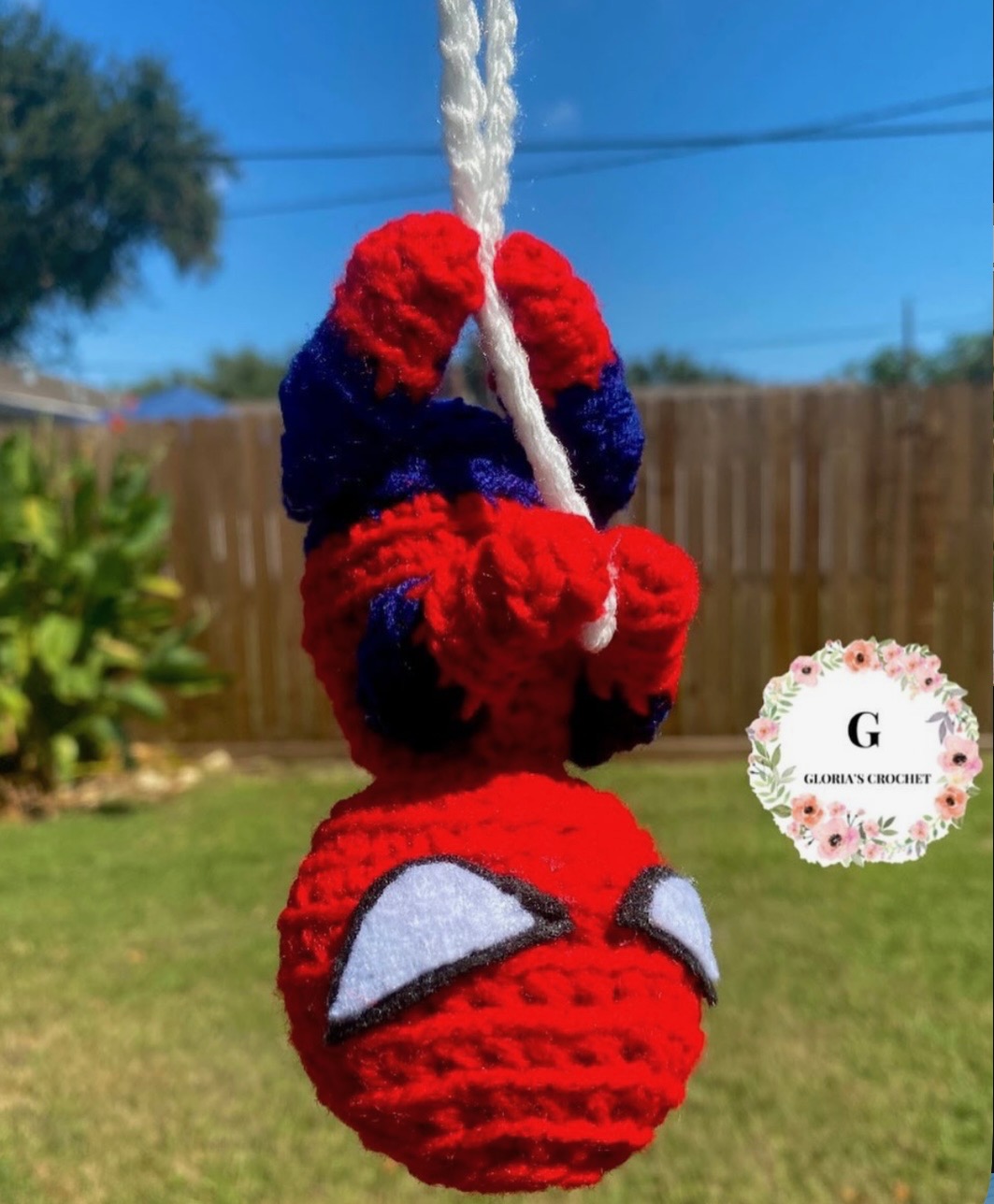 Red and blue Spider-Man crochet car mirror hanger