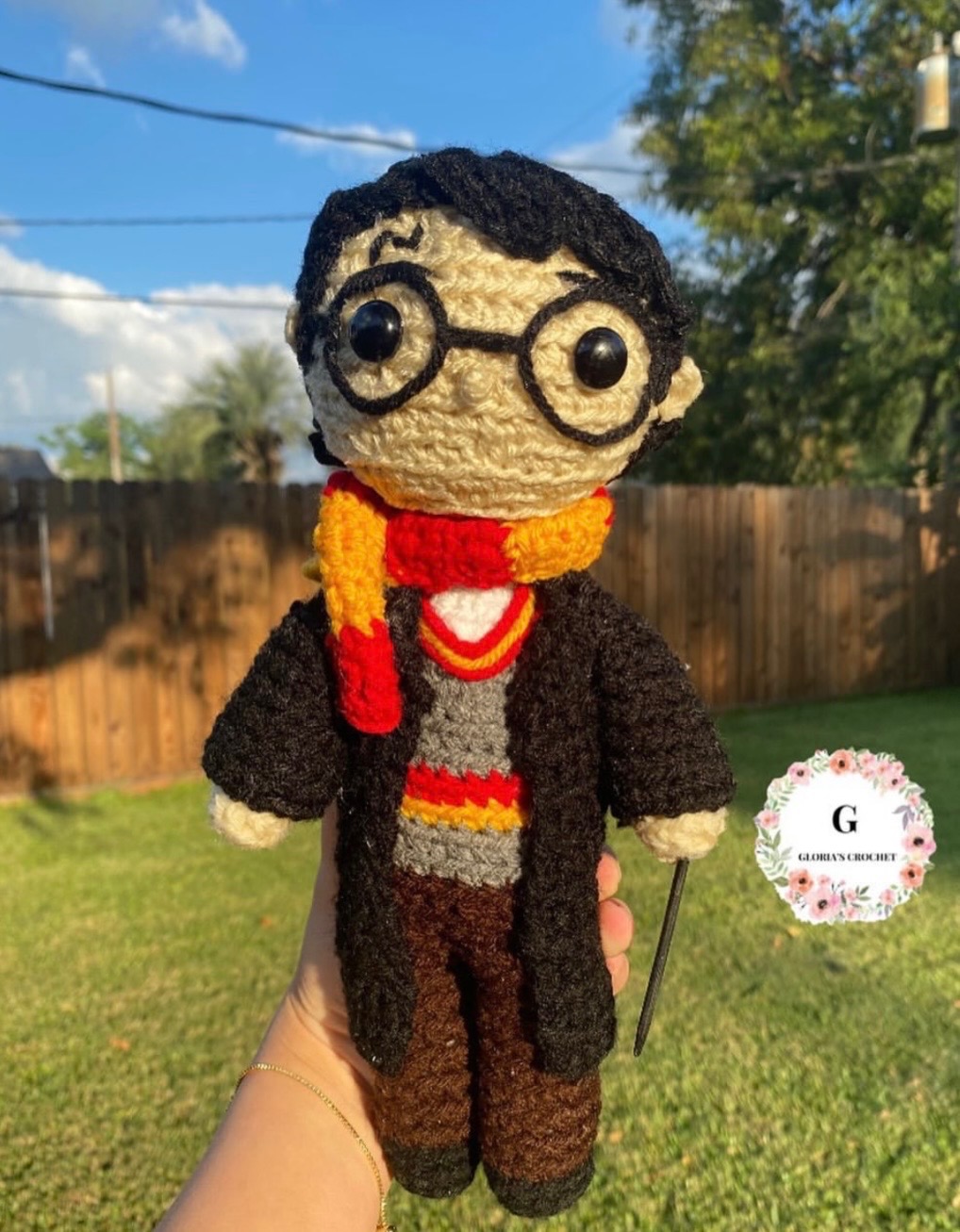 Wizard crochet character plushie with round glasses and scarf