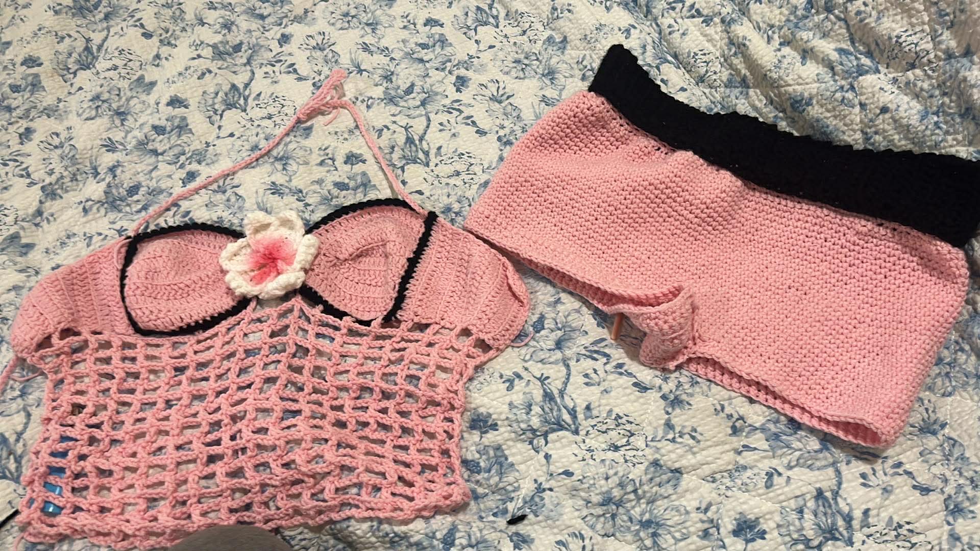 Pink crochet outfit with flower detail