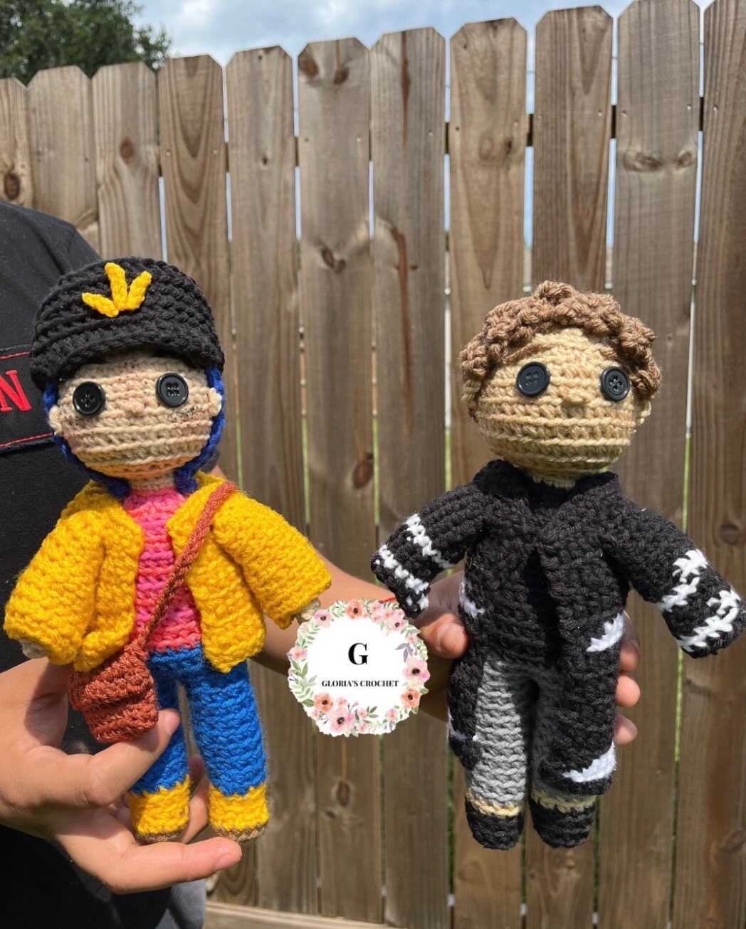 Two handmade custom crochet character dolls
